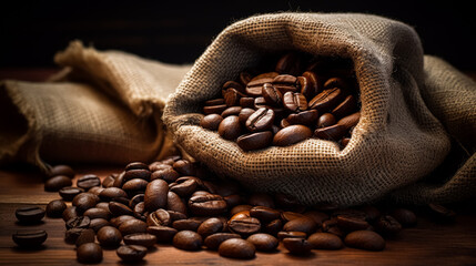 Close-up of roasted coffee beans overflowing from a burlap sack onto a wooden surface, creating a rich, aromatic scene.