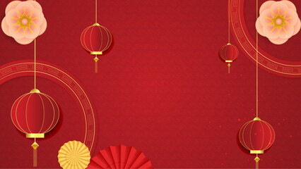 Red and gold vector modern and luxury chinese frame background. Happy Chinese new year background banner template design with dragons, clouds and flowers