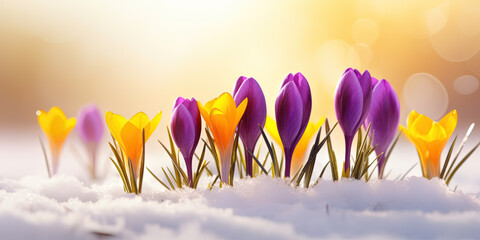 Purple and yellow crocus flowers growing out of the snow in early spring in the garden