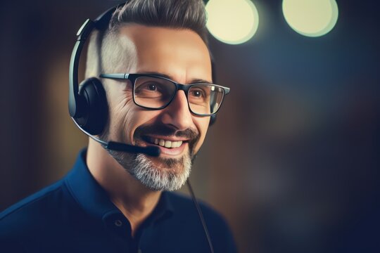 A man wearing a headset and talking on a phone in a call. Helpdesk call-center service operator 