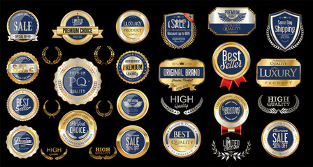 Luxury gold silver and blue design badges and labels collection - obrazy, fototapety, plakaty