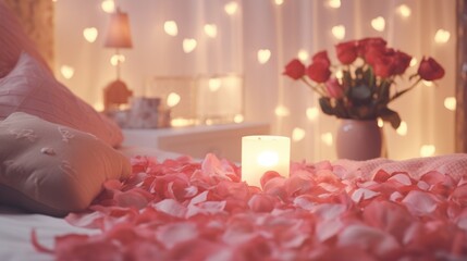 The inside of a softly lit bedroom adorned with roses, hearts, and tables in celebration of Valentines Day