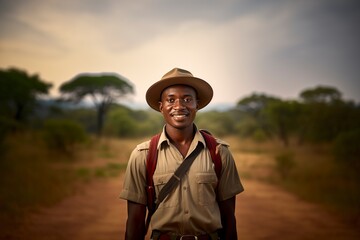 young african man on safari vacation - obrazy, fototapety, plakaty