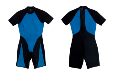 Black and blue short diving plastic wet suit for underwater swimming with transparent background