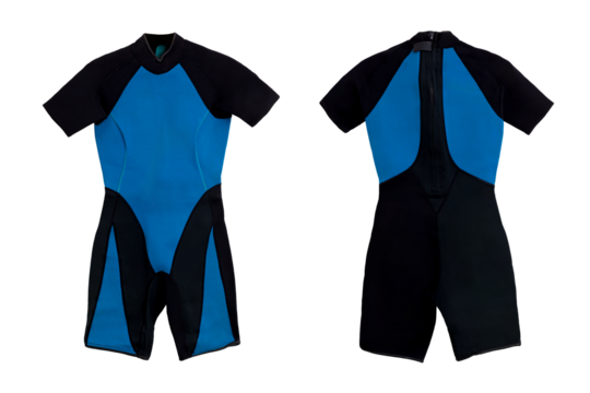 Black and blue short diving plastic wet suit for underwater swimming with transparent background