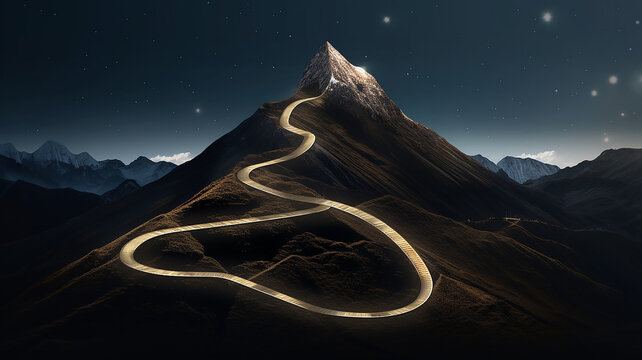 Glowing Path To The Top Of The Mountain, Business Success Strategy, Development And Growth Concept