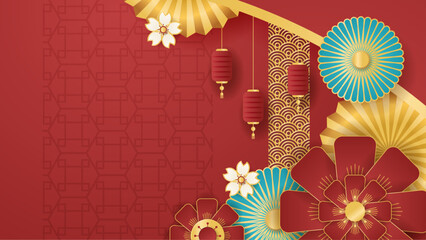 Red green and gold vector gradient chinese lunar new year. Trendy happy chinese new year 2024 design template. - obrazy, fototapety, plakaty