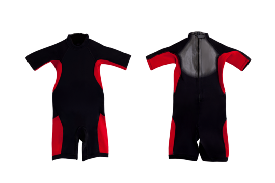 Black and red short diving plastic wet suit for underwater swimming with transparent background