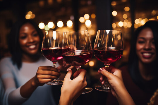 Mujeres brindando con copas de vino tinto en bar
