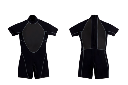 Black short diving plastic wet suit for underwater swimming with transparent background