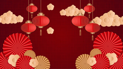 Red and gold vector gradient chinese lunar new year. Happy Chinese new year background with clouds, lantern, gold asian elements on red background