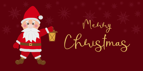 Santa Claus template a festive banner, flyer. Santa Claus holds a lantern dark red background. Vector illustration.