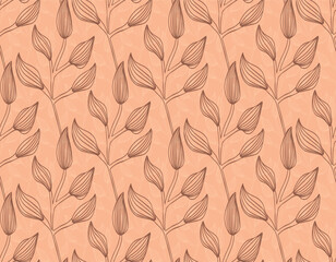 Seamless monochrome hand drawn leaves pattern. Peach fuzz background. Color of the year 2024