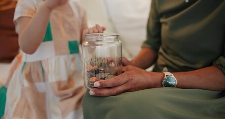 Coins, jar or hands of mother with child counting money together for learning development. Closeup, family knowledge or mom teaching daughter for financial savings, future planning or cash investment