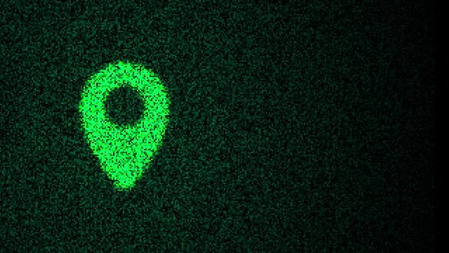 Location pointer icon, pixels glitch matrix effect. Icon motion animation with 4 variations, seven-second videos with 1 second of transitions and 5 seconds that can be seamlessly looped.