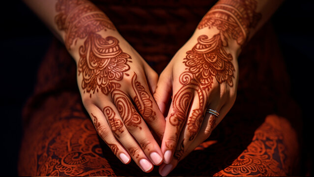 Woman's hands with beautiful traditional Indian henna tattoo mehendi close-up