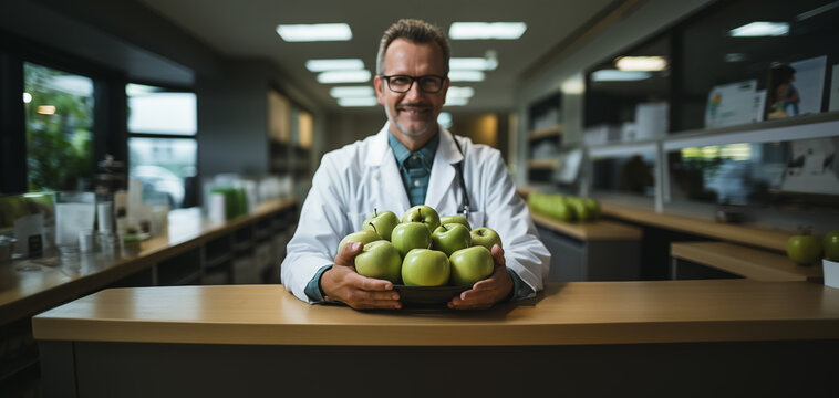 In a whimsical doctor's office with apples. A doctor in white attire, stethoscope around the neck, amusingly examines an apple among the apple-filled surroundings.