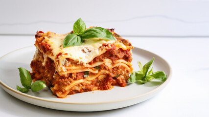 Closeup of traditional italian lasagna with bolognese sauce isolated on white background, copy space