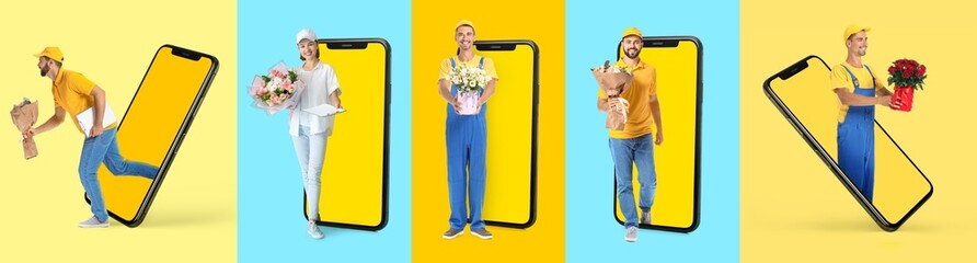 Set of couriers with bouquets of flowers and big smartphones on color background