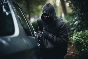 car thief breaking into a parked car and stealing valuables  - obrazy, fototapety, plakaty