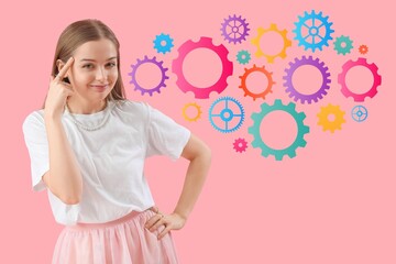 Thoughtful young woman and drawn gears on pink background