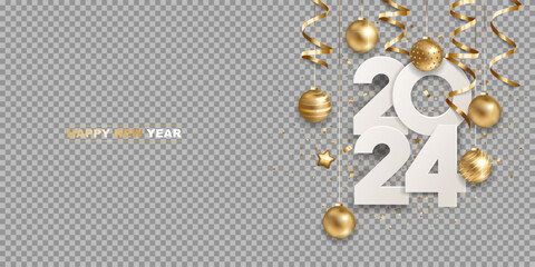 Happy new year 2024. White paper numbers with golden Christmas decoration and confetti, isolated on transparent background. Holiday greeting card design. - obrazy, fototapety, plakaty