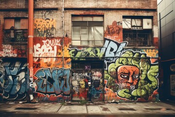 A urban style with graffiti tags on building wall