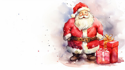 Fototapeta premium santa with gifts, watercolor christmas greeting card with white background copy space