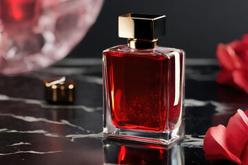 Stunning product picture with a focus on a red perfume bottle made of acrylic material. Realistic mockup of a red perfume bottle crafted from acrylic