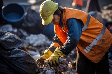 A recycling worker collecting and sorting waste materials  - obrazy, fototapety, plakaty