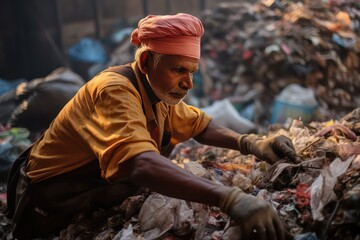 A recycling worker collecting and sorting waste materials - obrazy, fototapety, plakaty