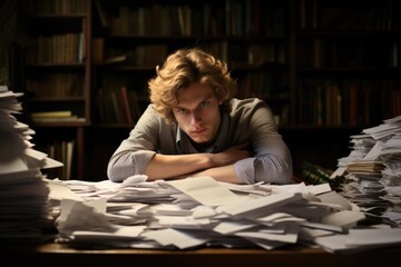 Fototapeta na wymiar Stressed and exhausted office worker with pile of document on desk without comeliness