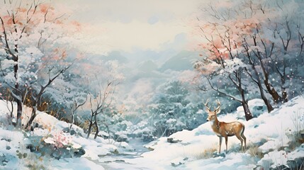 Winter Nature Landscape with Deer