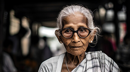 The old lady with a smart look, emphasizing her unique personality., photography, Nikon d850 --ar 1
