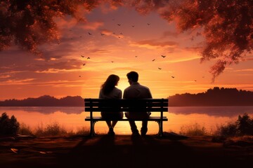 Fototapeta na wymiar couple sitting on a bench at sunset 