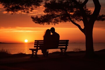 couple sitting on a bench at sunset 