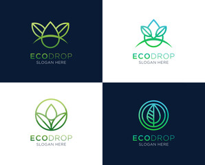 Set of water drop with leaf logo design with line art style