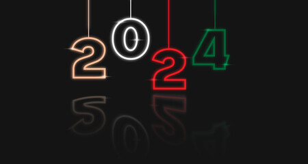 New Year 2024 neon sparkles light numbers.