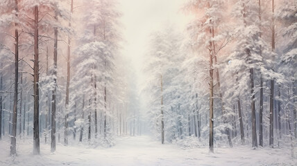 fog in the winter forest landscape at dawn, calm wildlife, bright white panoramic view - obrazy, fototapety, plakaty