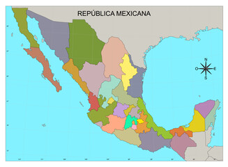 Map of the Republic of Mexico or Mexico, without names with colors and degrees 
