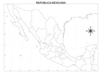 Black and white school map of Mexico with political division and with grades, without names