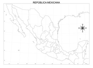 Black and white school map of Mexico with political division and with grades, without names © Peludis