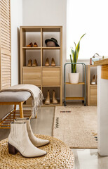 Wicker pouf with stylish female heeled shoes, shelving unit and bench in boutique