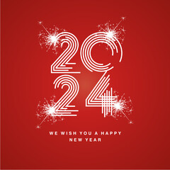 2024 Happy New Year modern new trendy white pop line design typography abstract numbers white sparke firework logo icon red background vector