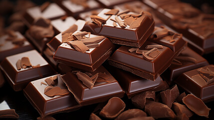 Composition of bars and pieces of different milk and dark chocolate, grated cocoa on a dark...