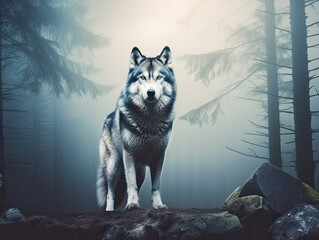 Night wolf prowls through misty forest.