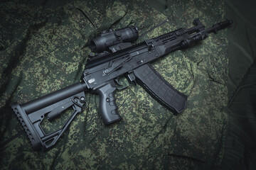 Modern assault rifle ak12 close-up, horizontal photo.