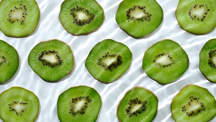 Fototapeta premium Slice of kiwi underwater or in water with splashing and droplet top view flat lay on white background.