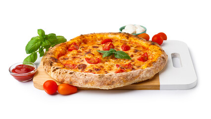 Board with tasty pizza Margarita and basil on white background