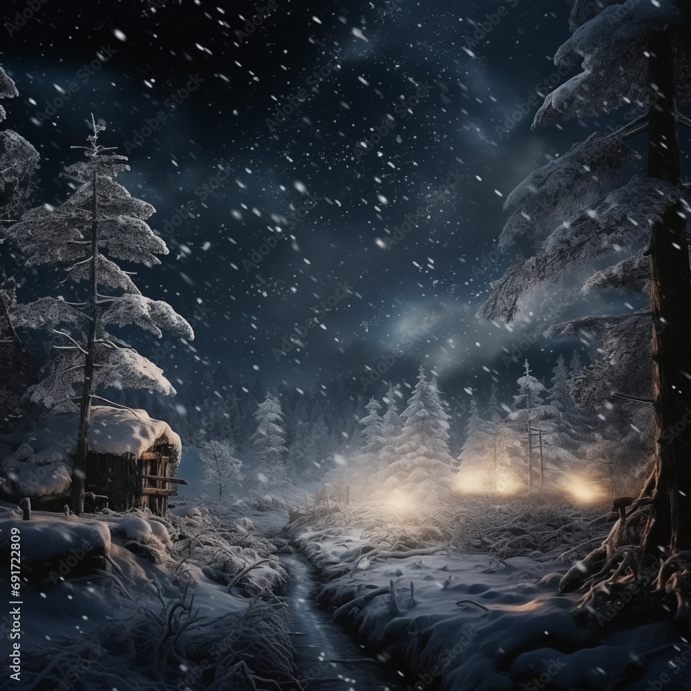 Wall mural winter forest at night with snow and magical lights. beautiful winter landscape.